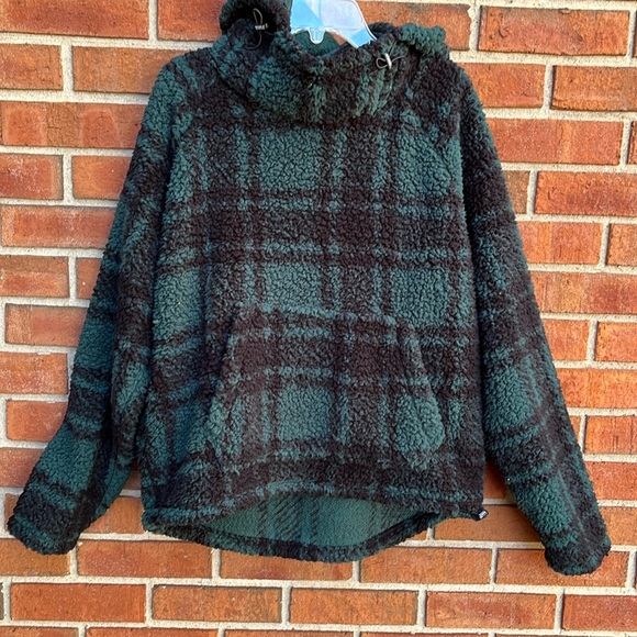 PINK Victoria’s Secret Green Plaid Cozy Plush Sherpa Pullover Hoodie XS Relaxed - Picture 1 of 10